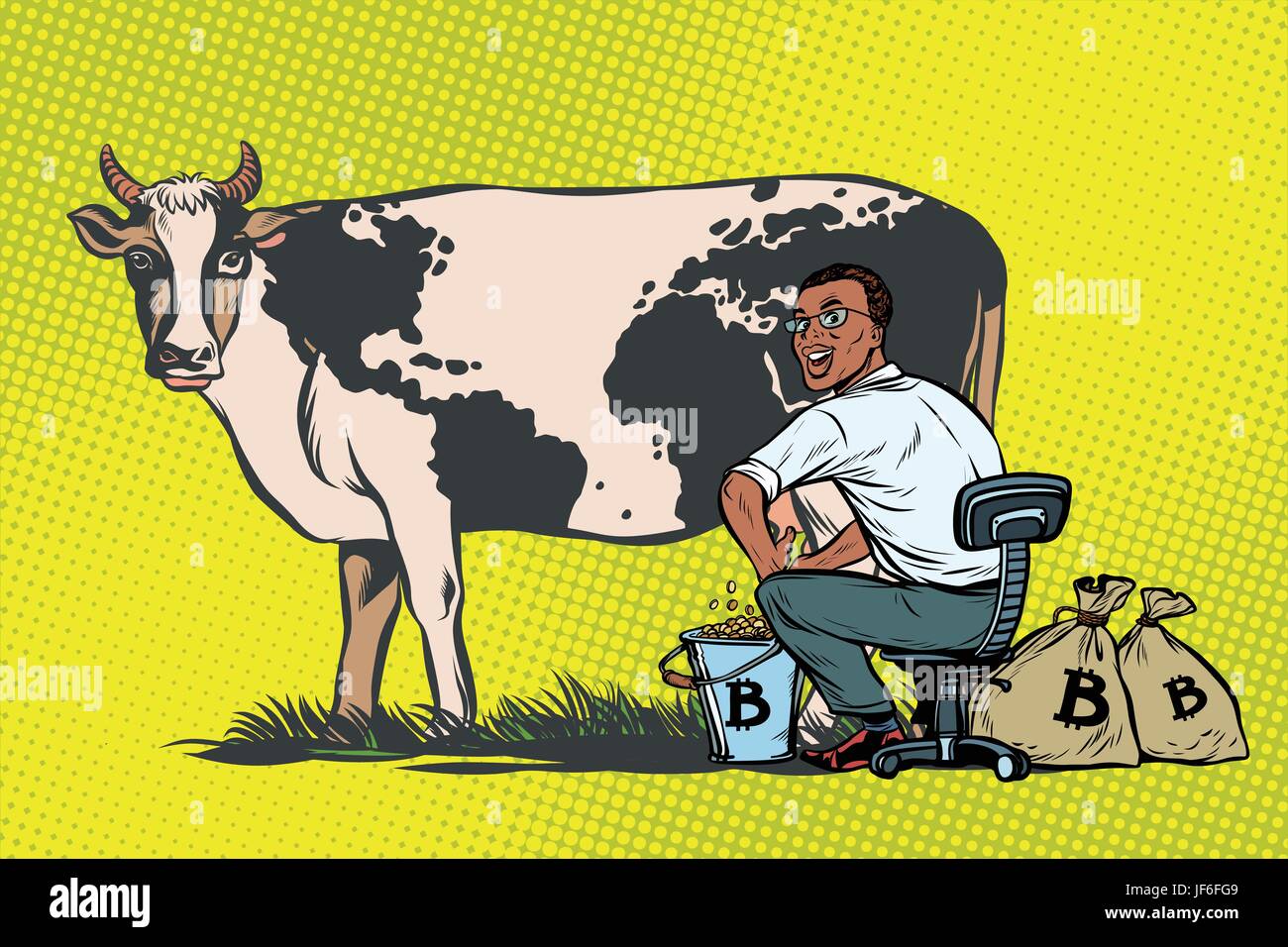 African businessman mines bitcoins milking a cow, world business Stock Vector