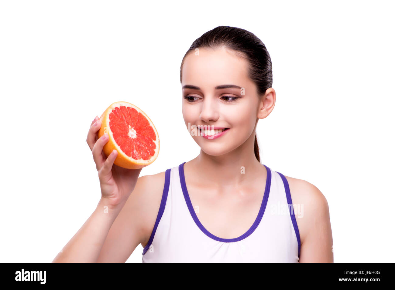 Woman with grapefruit isolated on white Stock Photo Alamy