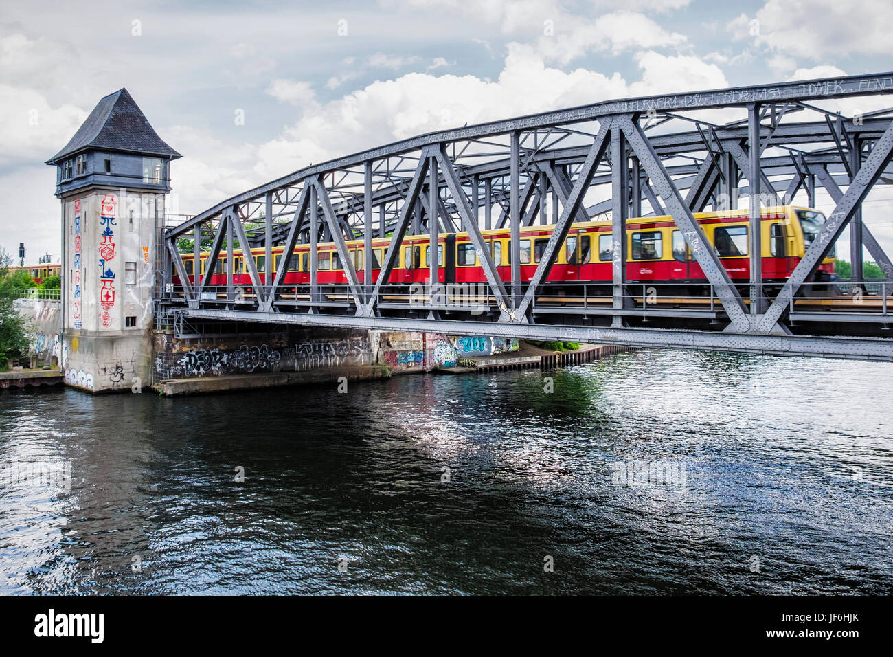 Berlin Treptower Park, S bahn train crosses Old Iron railway bridge and tower over the river Spree Stock Photo
