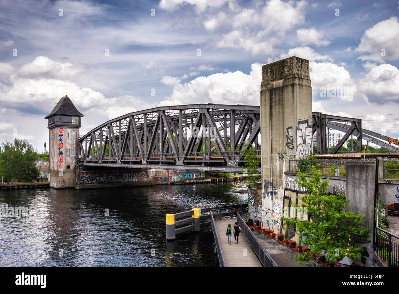 Berlin Treptower Park, Old Iron railway bridge and graffiti covered tower over the river Spree Stock Photo