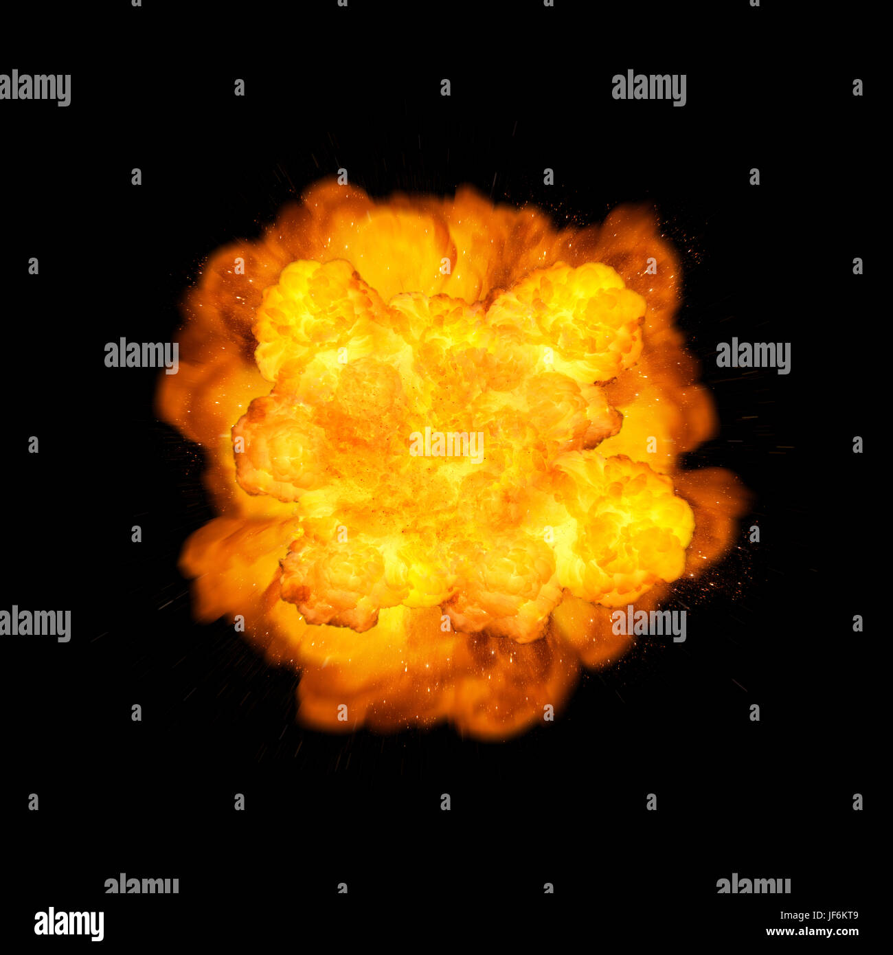 Extremely massive fire explosion, orange color with sparks isolated on black background, high resolution picture Stock Photo
