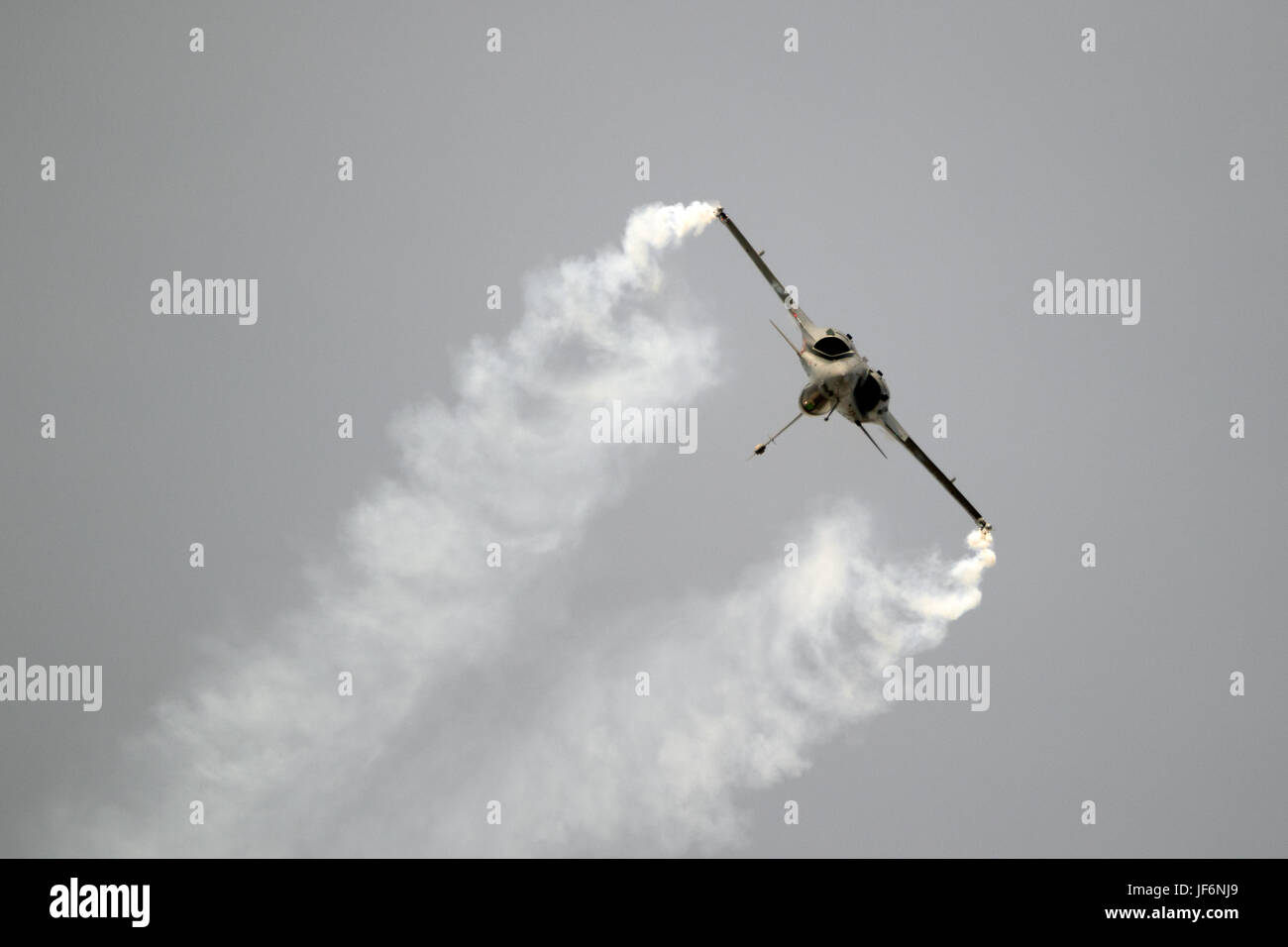 PARIS, FRANCE - JUN 22, 2017: French Air Force Dassault Rafale fighter jet performing at the Paris Air Show 2017 Stock Photo