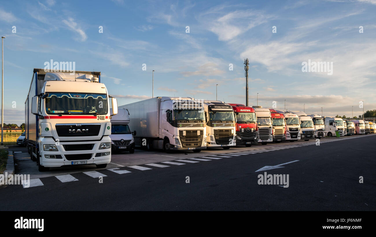 BELGIUM - JUN 23, 2017: Truck overnight parking along the E17 highway. Stock Photo