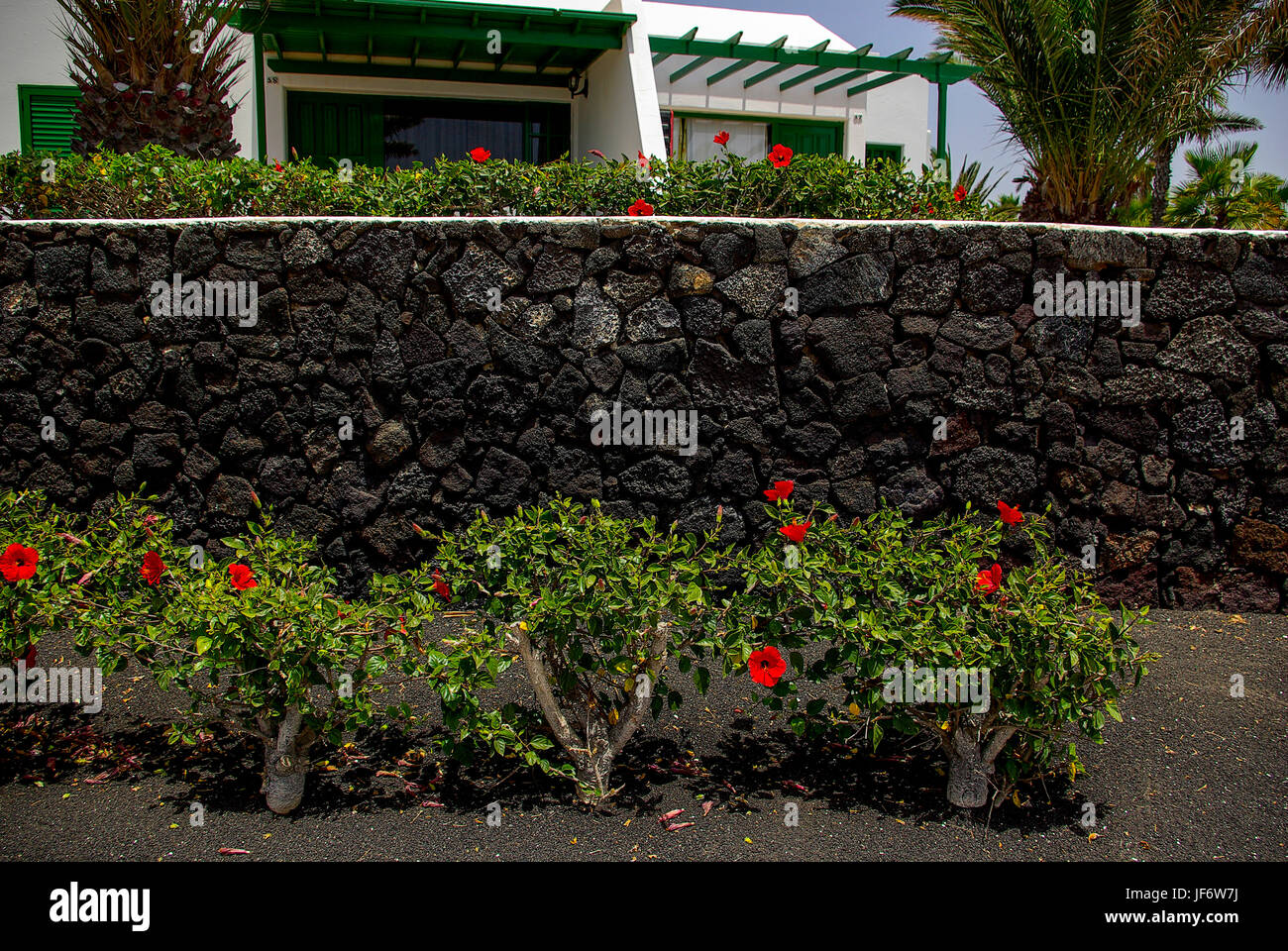 Lanzarotic residential architecture with walling and front yard, Canary Islands, Spain. Stock Photo