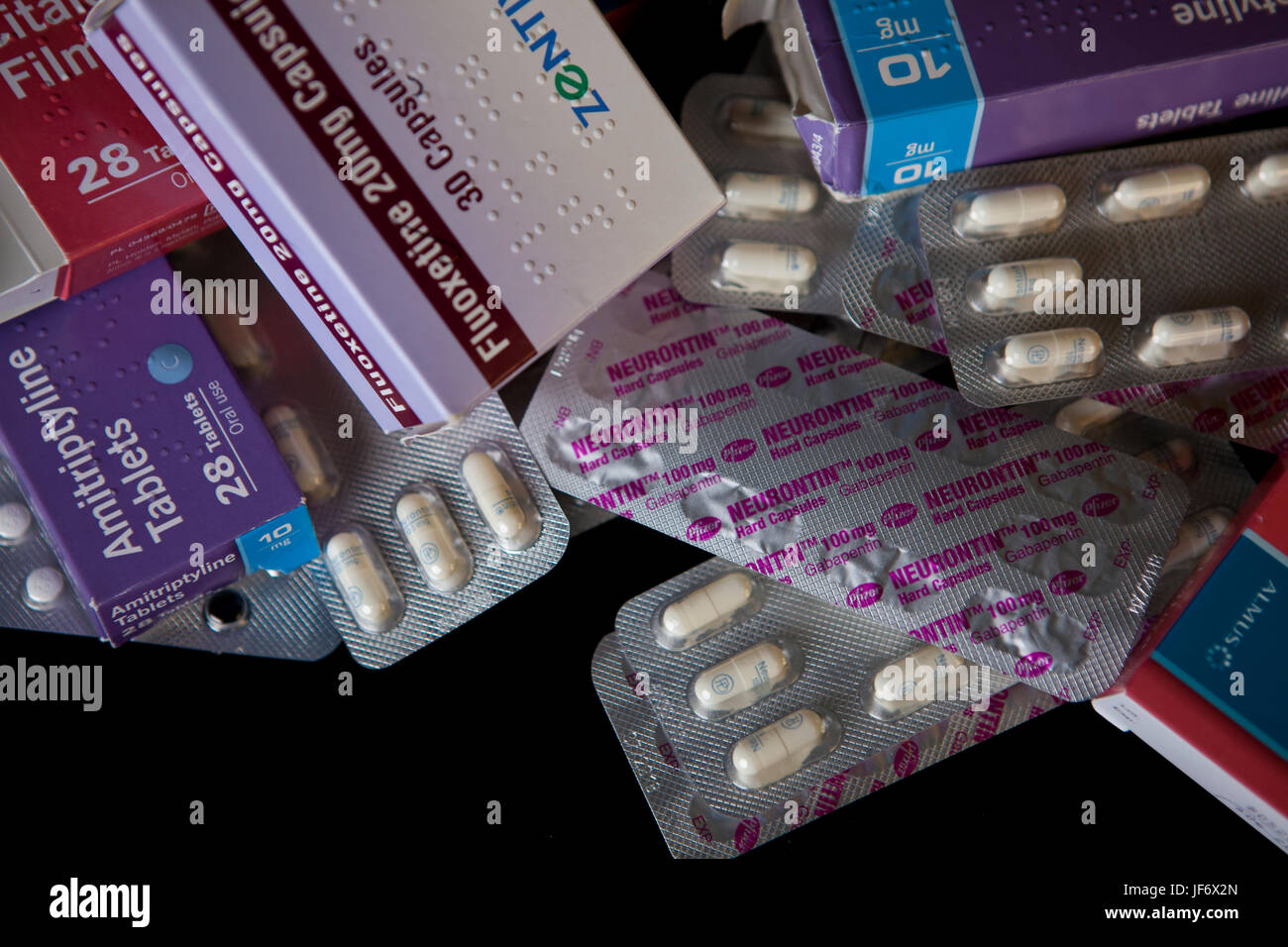 Mixed antidepressants, Citalopram 10mg, Amitriptyline 10mg, Fluoxetine 20mg, Gabapentin Stock Photo