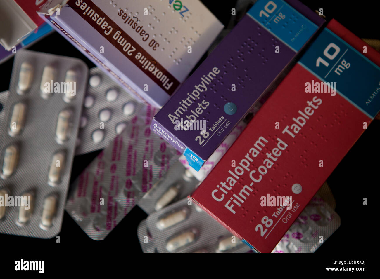 Mixed antidepressants, Citalopram 10mg, Amitriptyline 10mg, Fluoxetine 20mg, Gabapentin Stock Photo