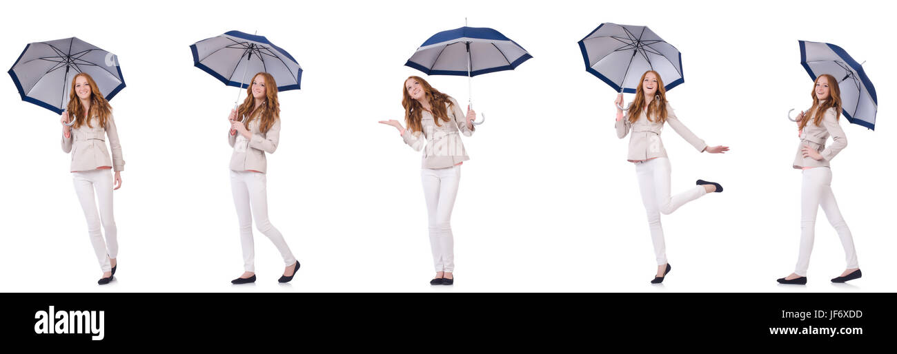 Young woman with umbrella on white Stock Photo - Alamy