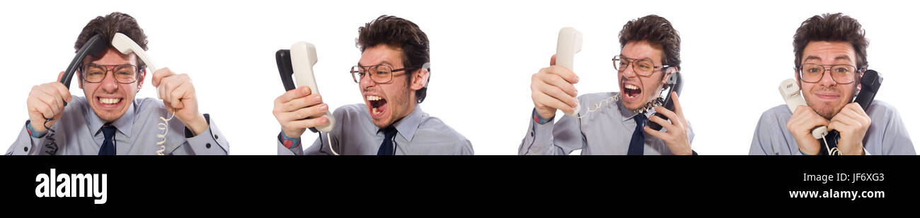 Angry call center employee in collage Stock Photo - Alamy