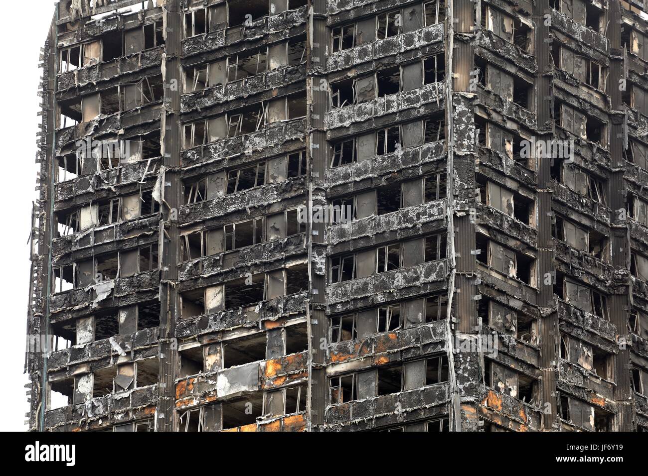Grenfell Tower burnt out shell and tributes to the dead Stock Photo