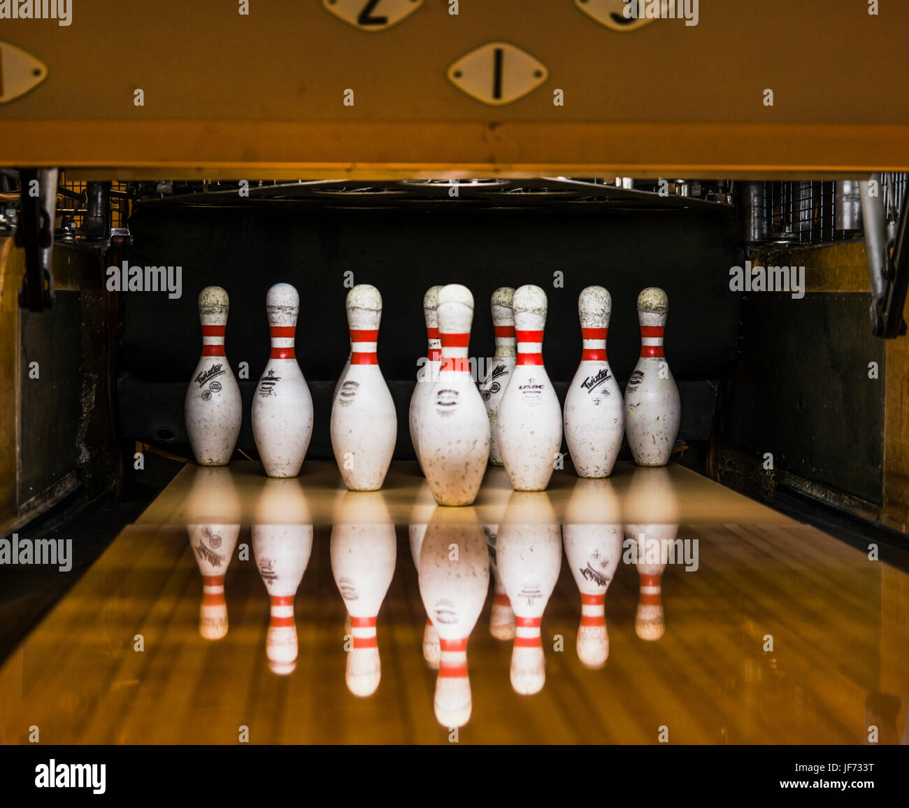 Bowling pins in row Stock Photo Alamy