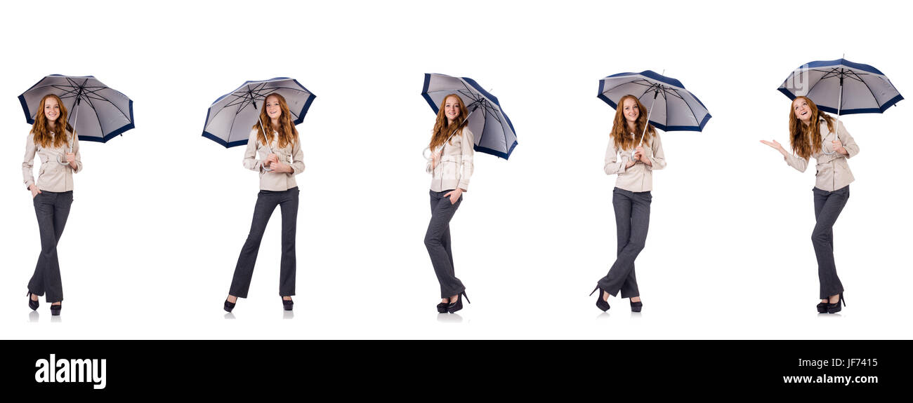 Young woman with umbrella isolated on white Stock Photo - Alamy