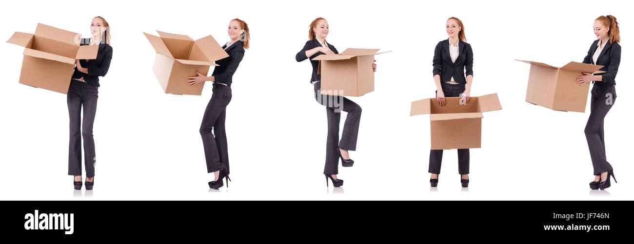 Businesswoman with boxes isolated on white Stock Photo - Alamy