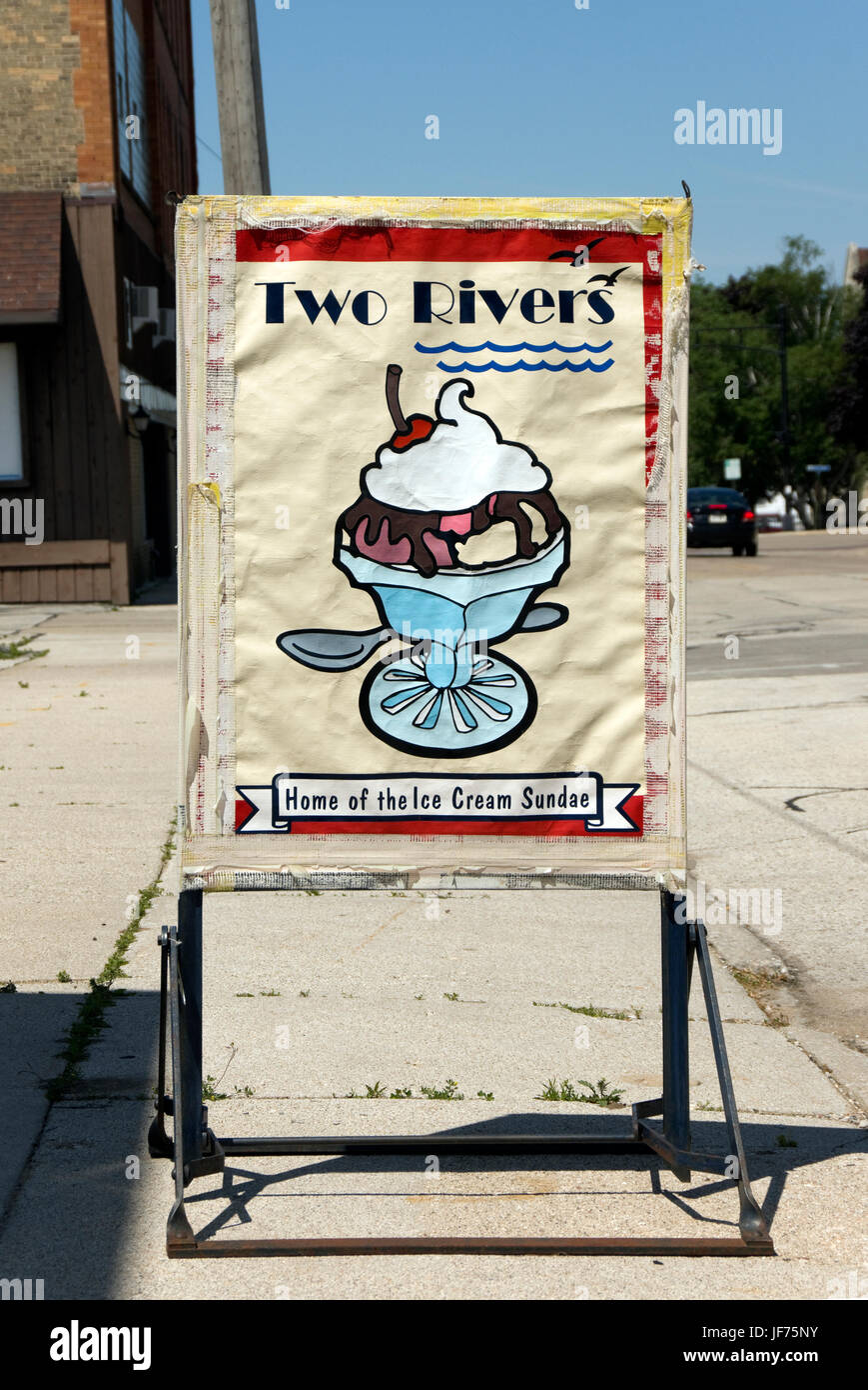 Street sign promoting Two Rivers, Wisconsin, as the home of Ed Berners