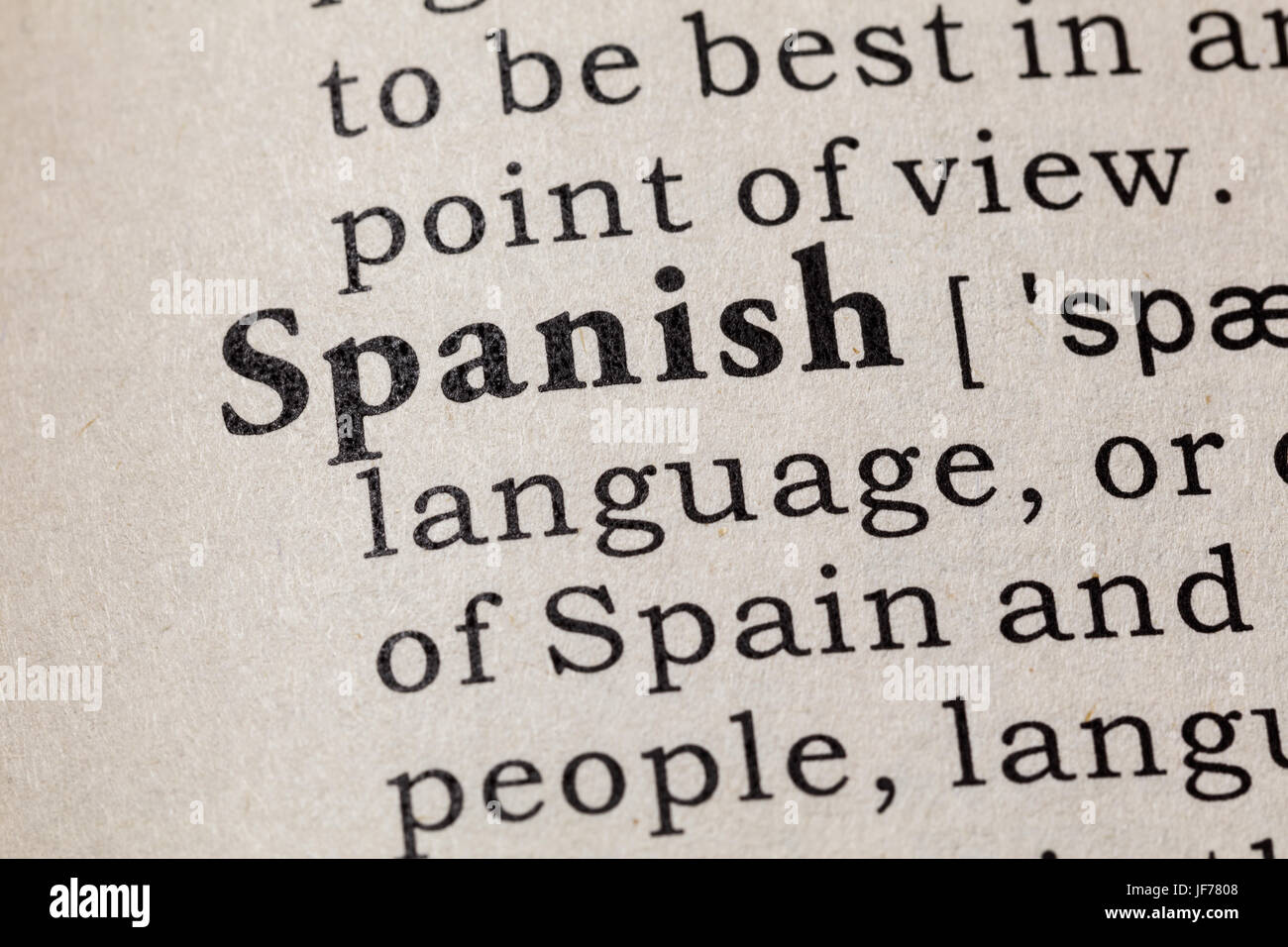 Fake Dictionary, Dictionary definition of the word Spanish. including key descriptive words. Stock Photo