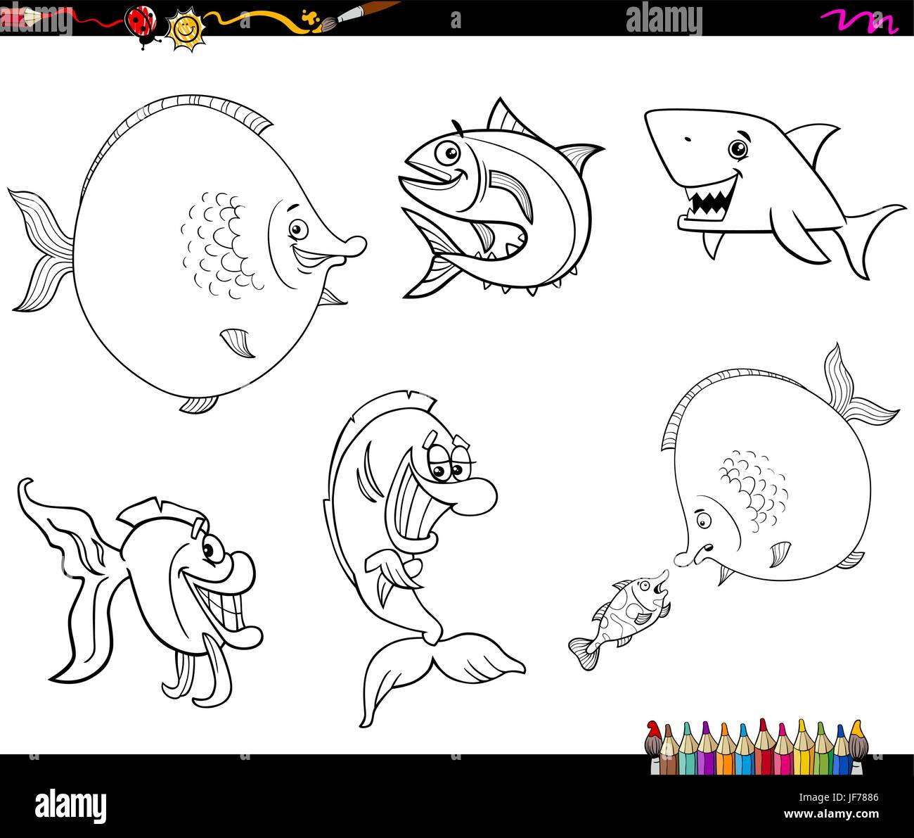 Black and White Cartoon Illustration of Fish Sea Life Animal Characters ...