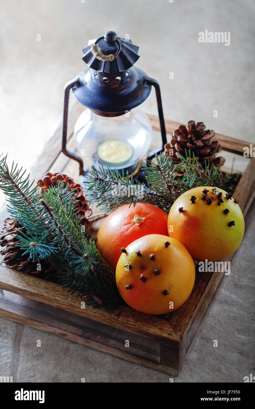 Christmas grapefruits in wooden box Stock Photo
