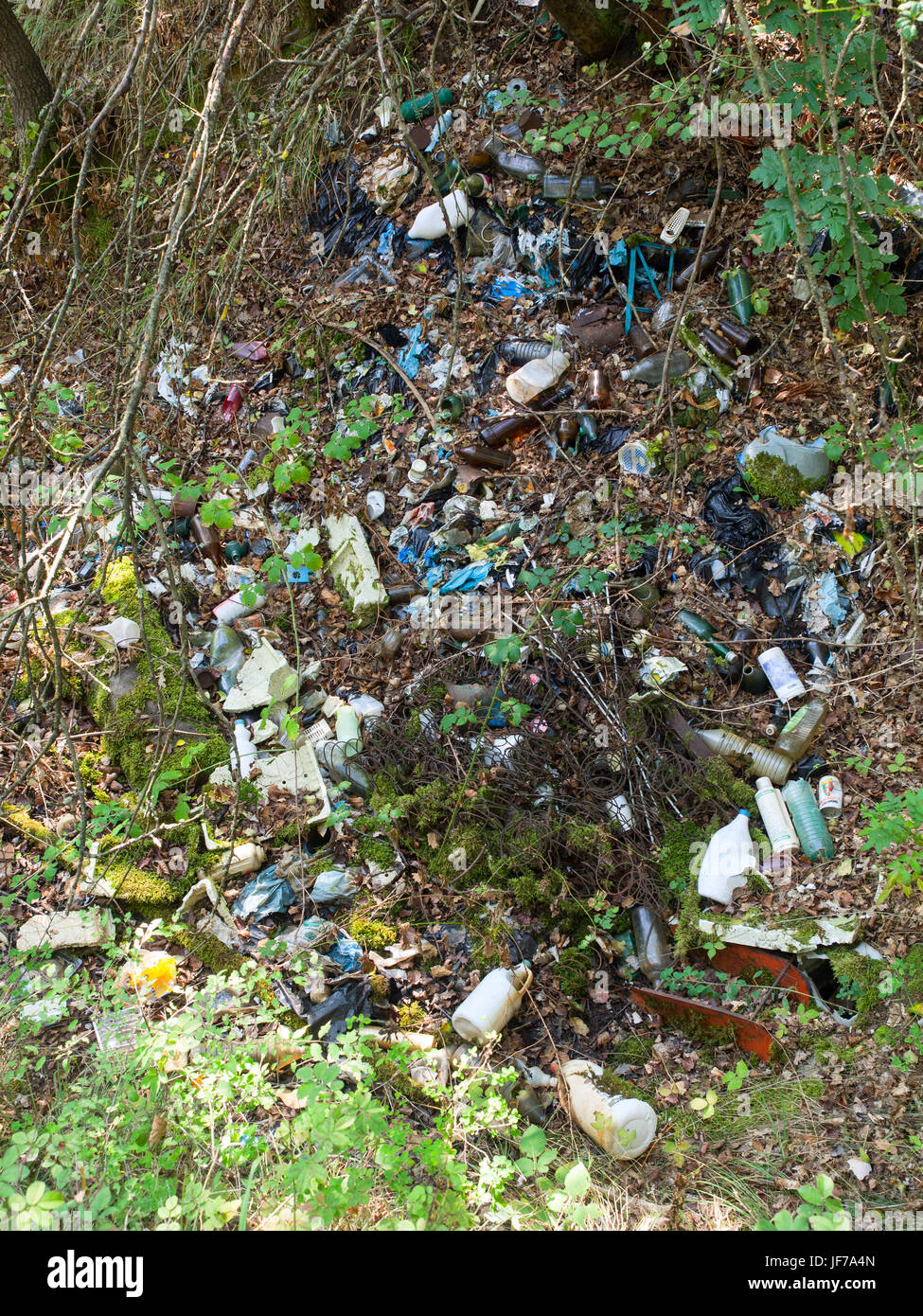 plastic metal and glass garbage scattered in the nature Stock Photo