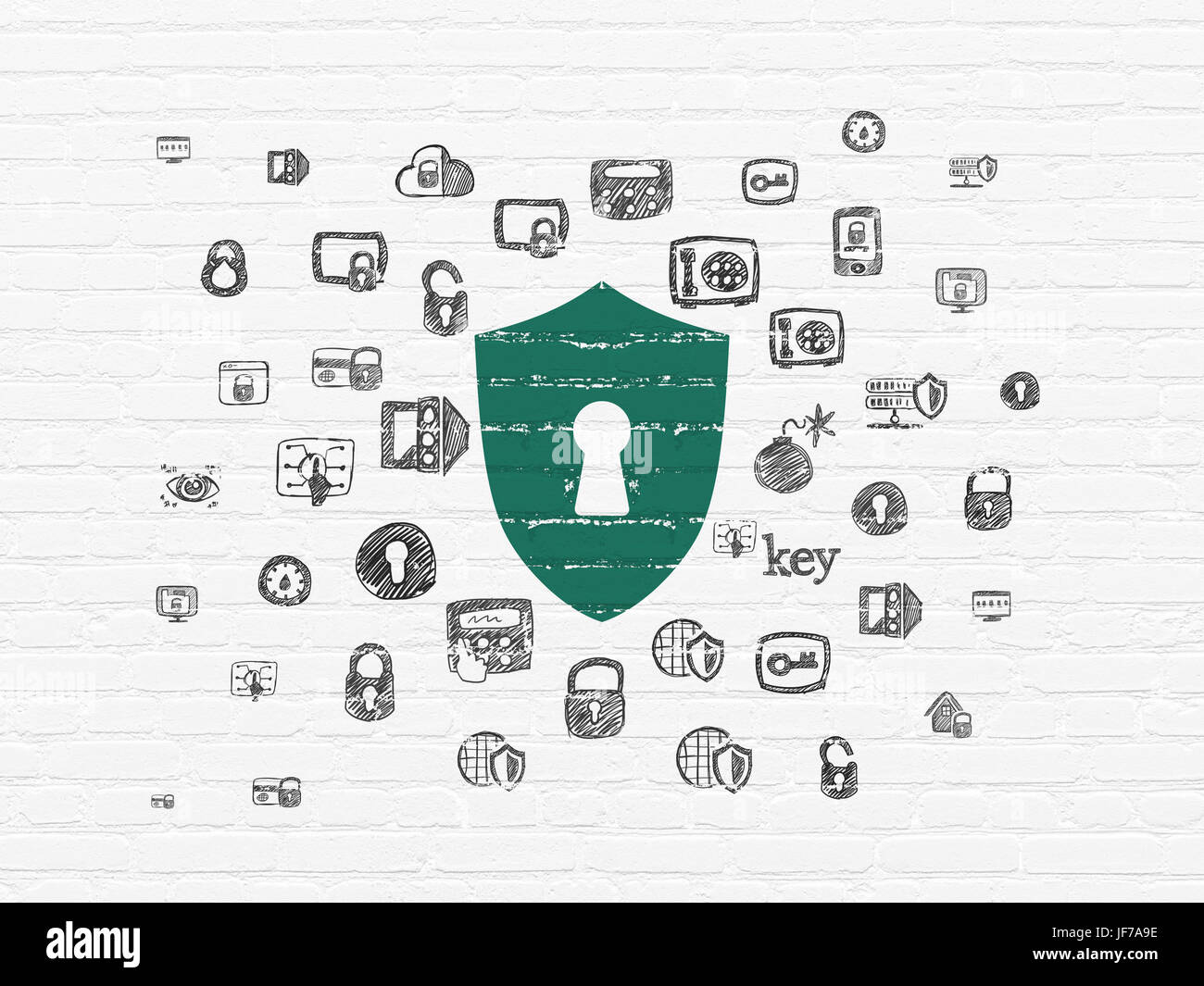 Safety concept: Shield With Keyhole on wall background Stock Photo - Alamy