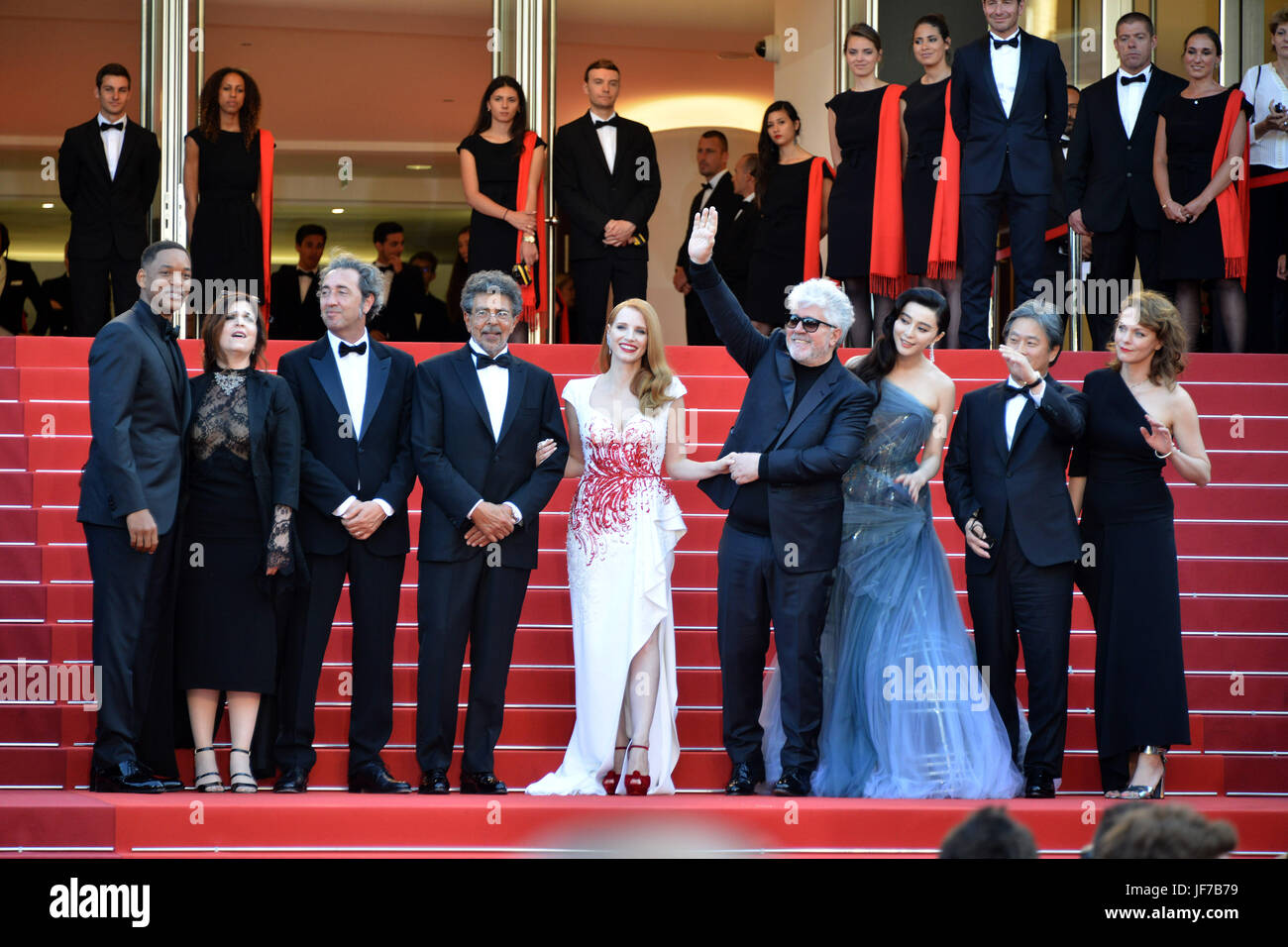 Closing Ceremony of the 70th annual Cannes Film Festival at the Palais des Festivals in Cannes, France.  Featuring: Will Smith, Agnes Jaoui, Paolo Sorrentino, Gabriel Yared, Jessica Chastain, Pedro Almodovar, David Lisnard, Fan Bingbing, Park Chan-wook, Maren Ade Where: Cannes, France When: 28 May 2017 Credit: IPA/WENN.com  **Only available for publication in UK, USA, Germany, Austria, Switzerland** Stock Photo