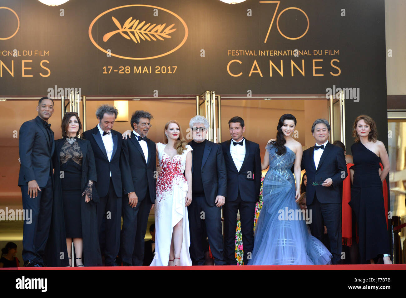 Closing Ceremony of the 70th annual Cannes Film Festival at the Palais des Festivals in Cannes, France.  Featuring: Will Smith, Agnes Jaoui, Paolo Sorrentino, Gabriel Yared, Jessica Chastain, Pedro Almodovar, David Lisnard, Fan Bingbing, Park Chan-wook, Maren Ade Where: Cannes, France When: 28 May 2017 Credit: IPA/WENN.com  **Only available for publication in UK, USA, Germany, Austria, Switzerland** Stock Photo