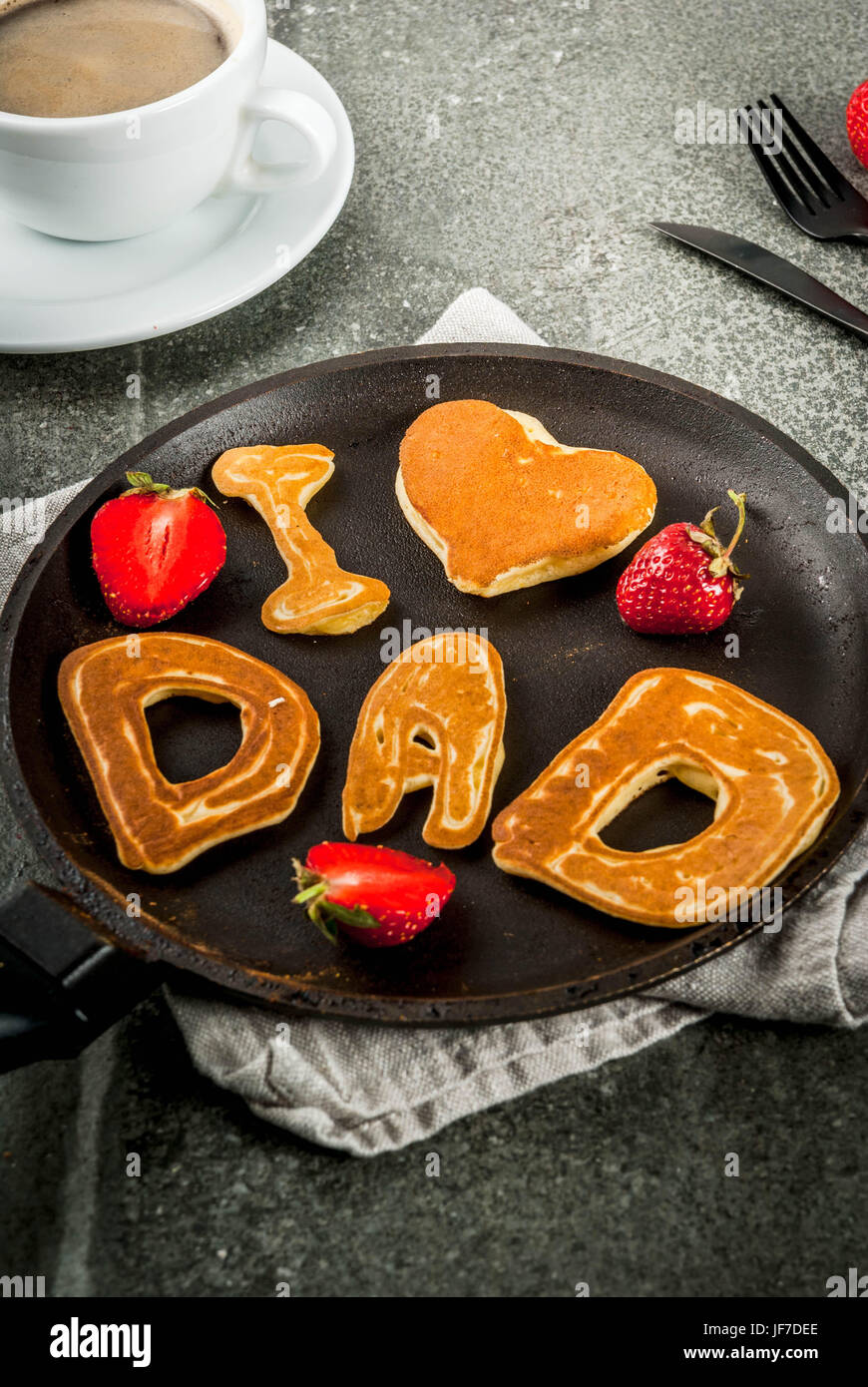 Celebrating Father's Day. Breakfast. The idea for a hearty and delicious breakfast pancakes in