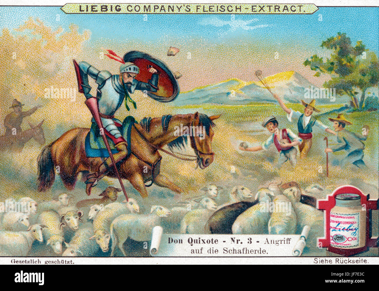 DON QUIXOTE by Cervantes -  Attacking the herd of sheep Play by Durfey (1694) music written by Purcell.   Symphonic poem by Richard Strauss (1897). Opera by Kienz (1898) Liebig Advertisement. Number 3. Stock Photo