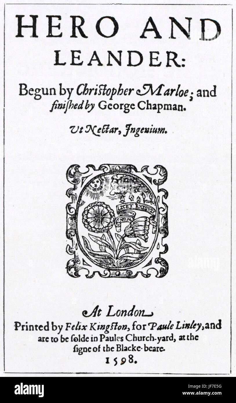 Title page to Christopher Marlowe 's Hero and Leander 1598. English playwright 1564- 1593.  Elizabethan era. Stock Photo