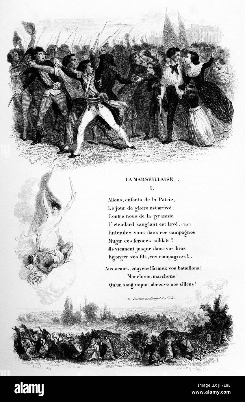 French National Anthem -  'La Marseillaise' Illustration of armed men ready for battle.   With part of the lyrics by Rouget De Lisle.  French Revolution. Stock Photo
