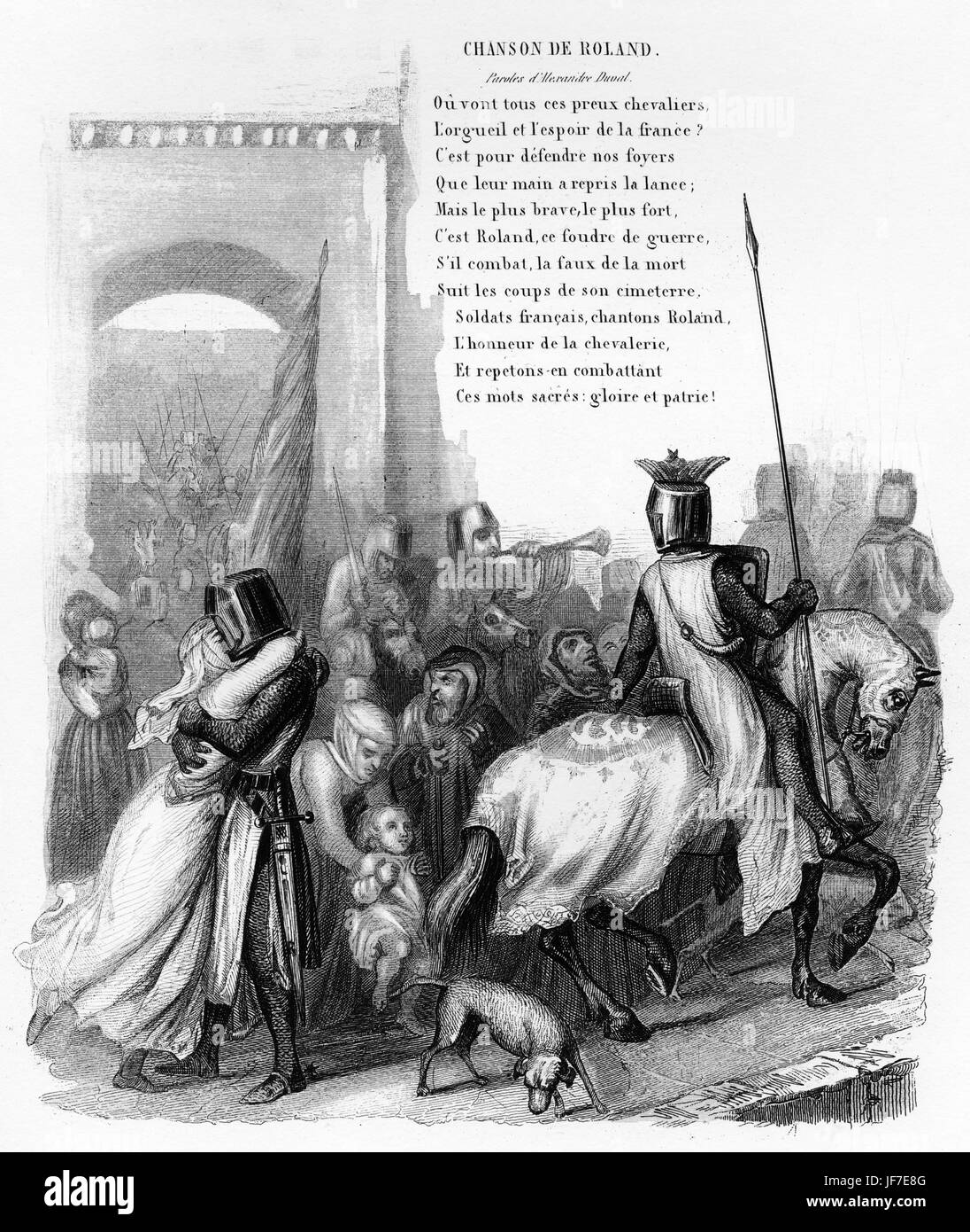 La chanson de Roland With part of the lyrics by Alexandre Duval.  Knights saying farewell as they leave for battle.  Chanson de Roland, 8th century epic. Middle-Ages. Stock Photo