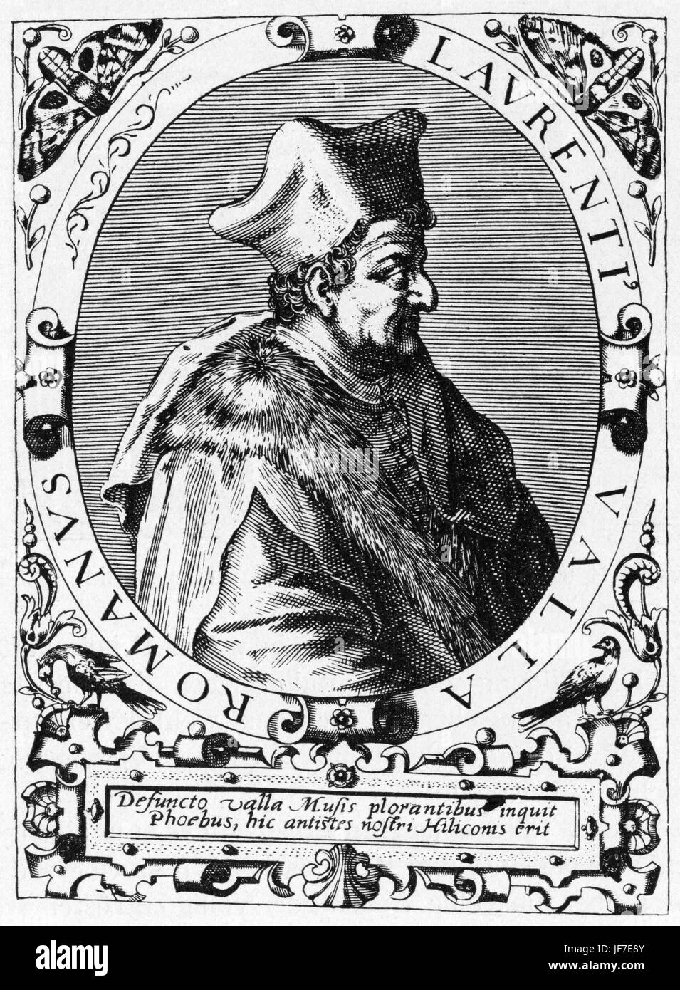 Lorenzo Valla - portrait of the Italian humanist, rhetorician, and educator. Engraving with a decorative border of moths, birds and plants. 1406 - 1457. Stock Photo