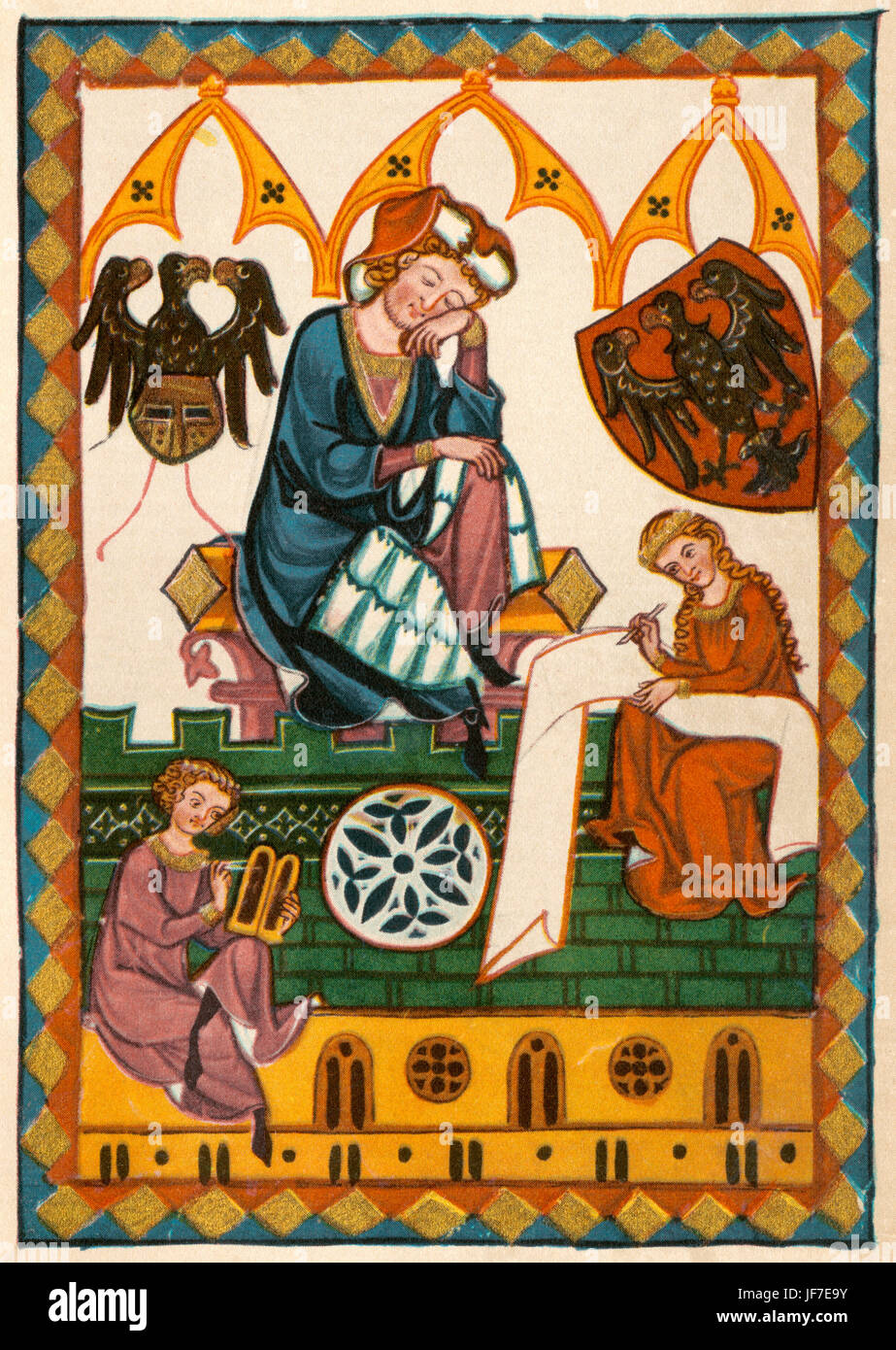 Reinmar von Zweter (1200-1260), Rhenish poet, teaches two young men in the Arts. Codex Manesse (ca.1300) or Große Heidelberger Liederhandschrift, by Rudiger Manesse and his son Johannes. Miniature. Folio 323r. University of  Heidelberg. Stock Photo