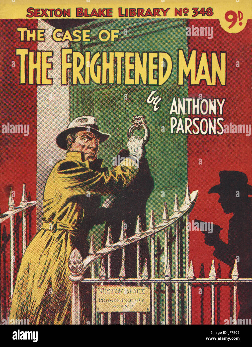 'The Case of the Frightened Man' by Anthony Parsons -book  cover illustration. Frightened man knocks on   door, while shadow  man with gun looms ominously.  From The Sexton Blake Library. C. 1950s.  Published by Amalgamated Press, London. Stock Photo