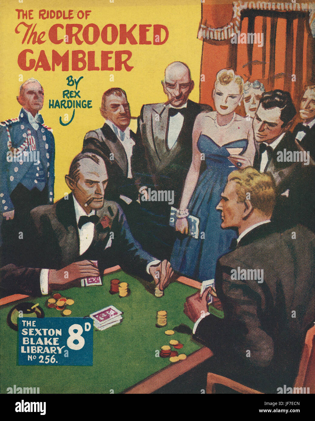 'The Riddle of the Crooked Gambler' by Rex Hardinge - book cover illustration. Gamblers sitting a green baize table.  From The Sexton Blake Library. 1952  Published by Amalgamated Press, London. Stock Photo