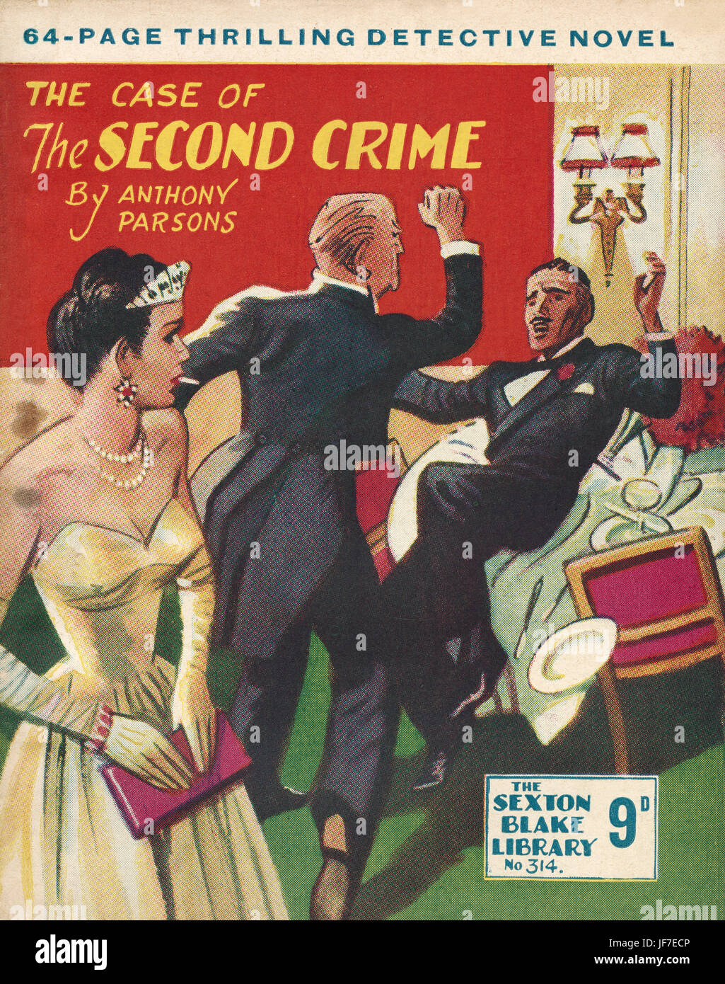 'The Case of the Second Crime,' by Anthony Parsons - book cover illustration. A man agressively pushes another man into a table while a woman in evening dress looks on.  From The Sexton Blake Library. June 1954.  Published by Amalgamated Press, London. Stock Photo