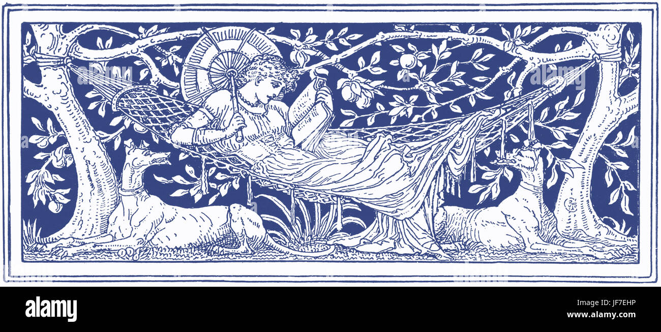 Headpiece - Woman reclining in hammock with parasol. by Walter Crane: English artist of Arts and Crafts movement, 15 August  1845 - 14 March   1915. Stock Photo