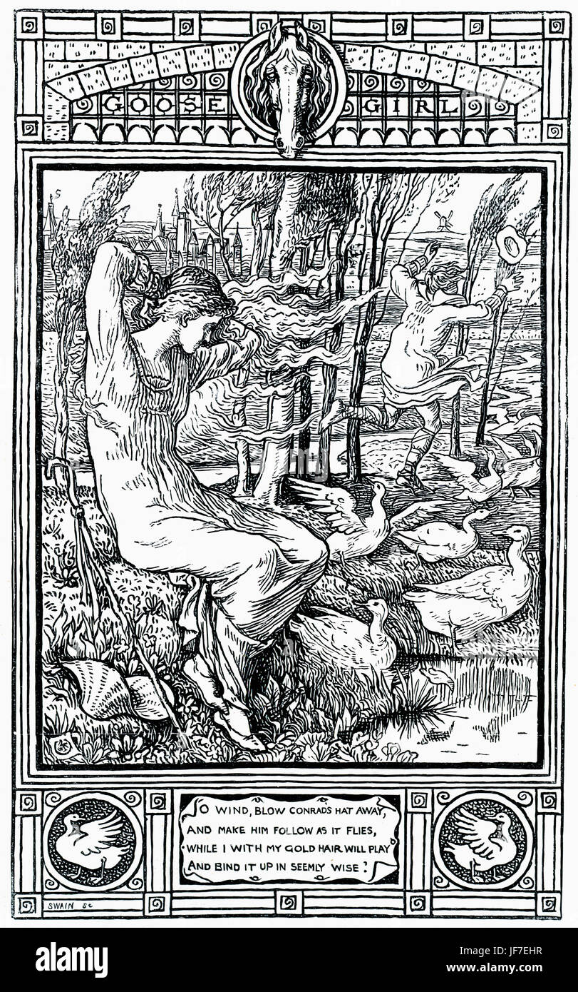 The Goose Girl - Caption reads: O Wind, blow conrads hat away, and make him follow as it flies, while I with my gold hair will play and bind it up in seemly wise'. Illustration from the Grimm Brothers' household story,designed by Walter Crane: English artist of Arts and Crafts movement, 15 August  1845 - 14 March   1915. Stock Photo