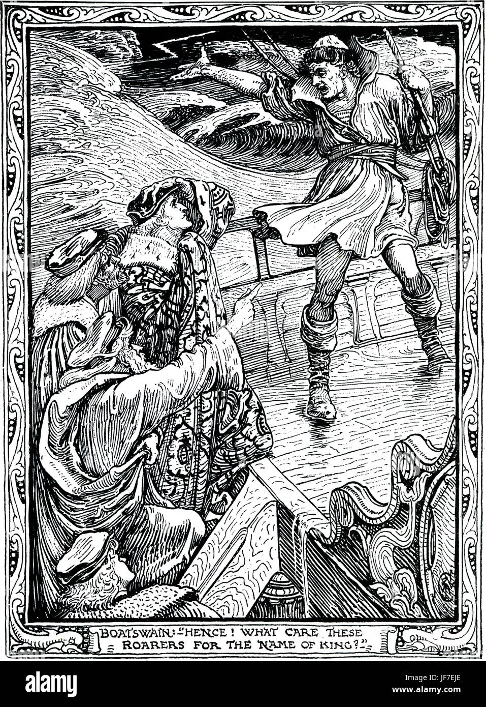 The Tempest - Caption reads: 'Boatswain: 'Hence! What care these roarers for the name of king?'. Play written by William Shakespeare. Designed by Walter Crane: English artist of Arts and Crafts movement, 15 August  1845 - 14 March   1915. Stock Photo