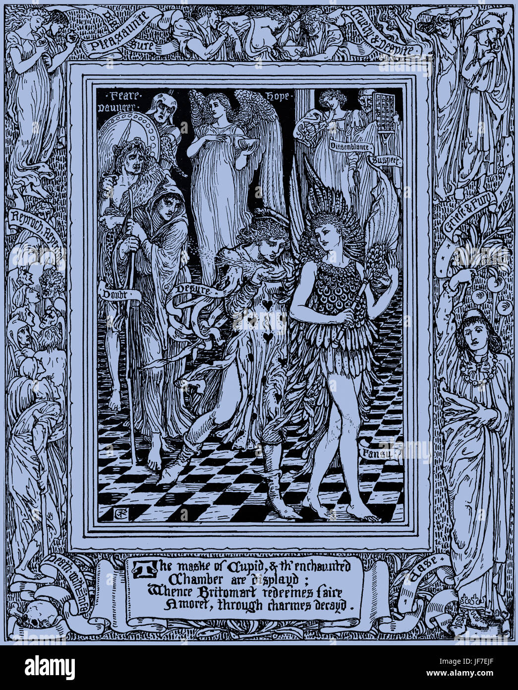 The Faerie Queen - Caption reads: 'The mask of Cupid and the enchanted chamber are displayed: Whence Britomart redeems fair Amoret through charms decayed'. Epic poem by Edmund Spenser. Designed by Walter Crane: English artist of Arts and Crafts movement, 15 August  1845 - 14 March   1915. Stock Photo