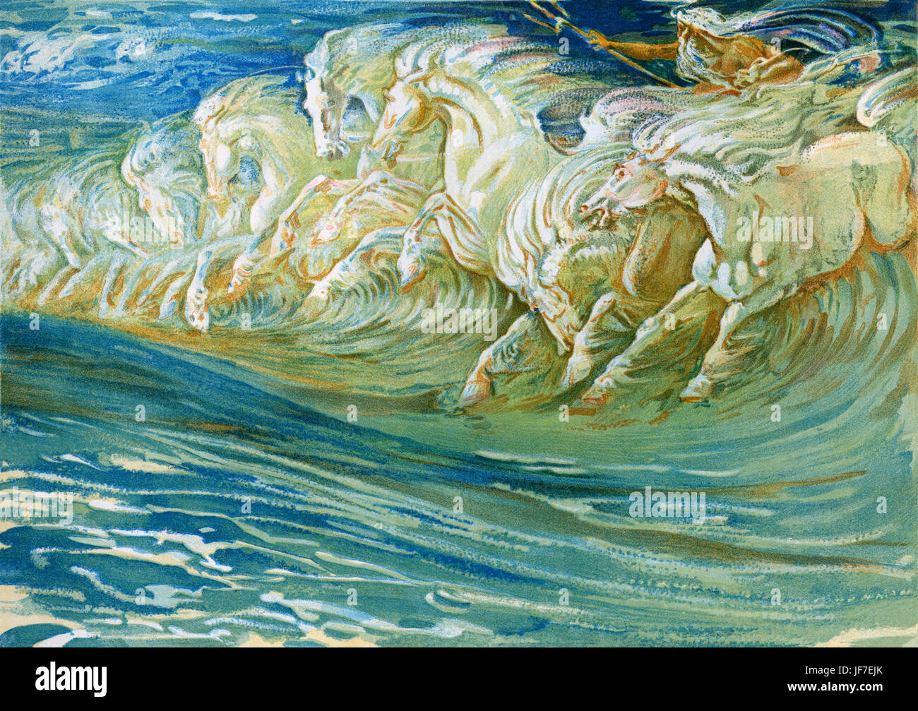 Neptune's Horses Designed by Walter Crane: English artist of Arts and Crafts movement, 15 August  1845 - 14 March   1915. First sketch for the picture exhibited at the Royal Water Colour Society in 1892 and the New Gallery in in 1893. Stock Photo