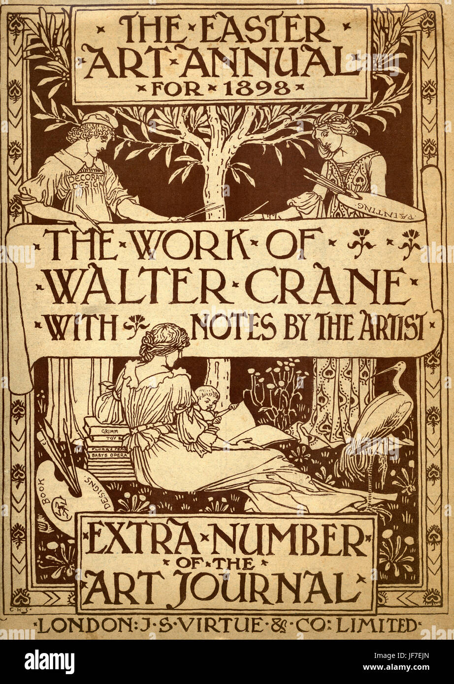 Walter Crane - cover of The Work of Walter Crane.  Published 1898 in The Easter Art Annual. London, J S Virtue. English artist of Arts and Crafts movement, 15 August  1845 - 14 March   1915. Portrait by George Frederic Watts: 23 February 1817 – 1 July 1904. Stock Photo