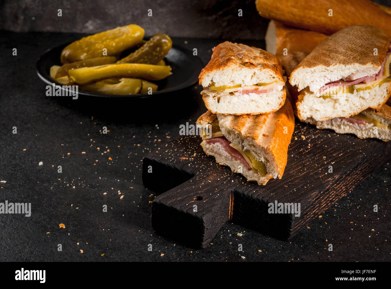 Cuban traditional food, snack, party food. Cuban sandwich from baguette