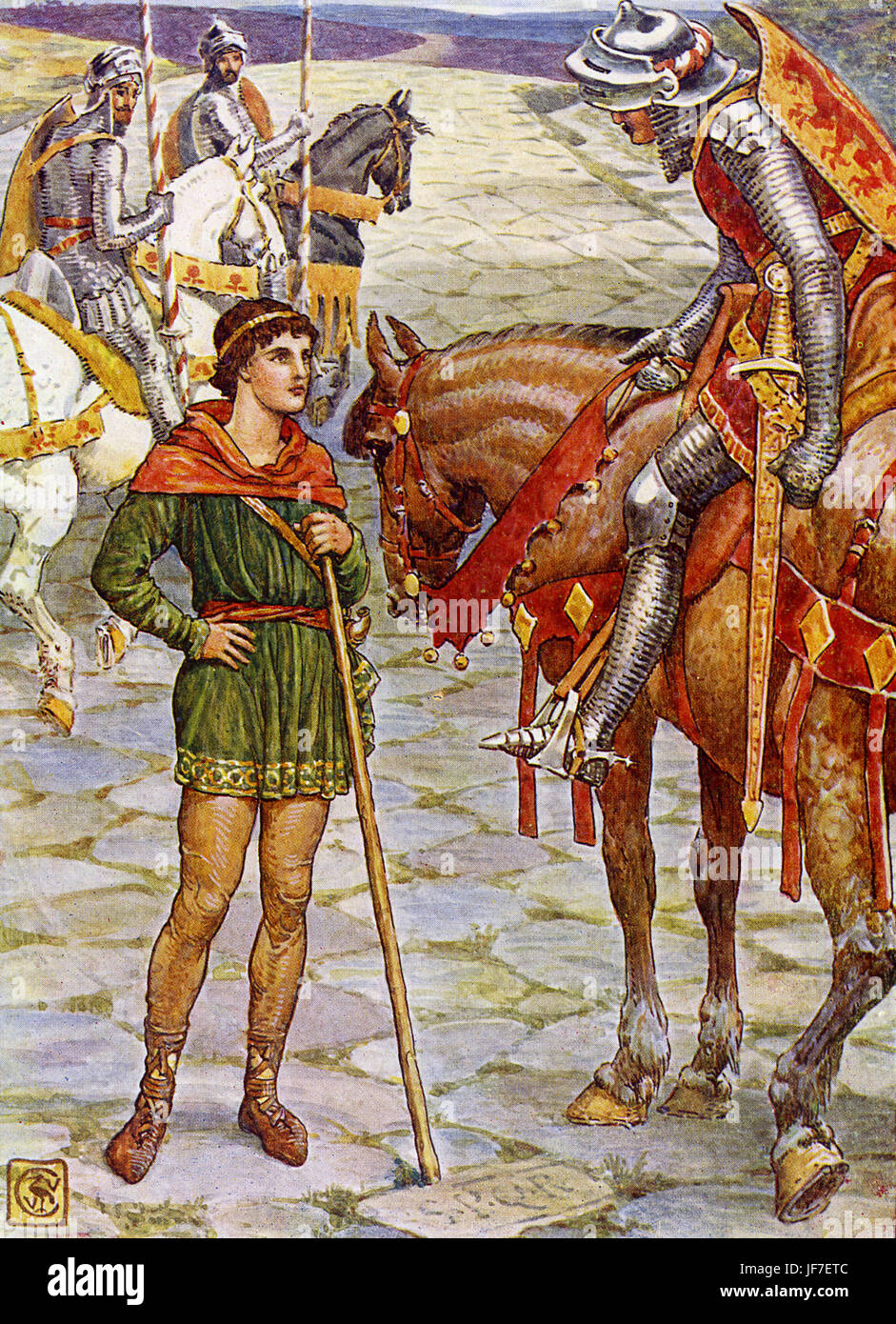 Perceval and Sir Owen  in King Arthur's Knights by Henry Gilbert. 'Young Perceval questions Sir Owen'. Illustration by Walter Crane, circa 1911.WC: English artist of Arts and Crafts movement, 15 August 1845 - 14 March 1915 Stock Photo