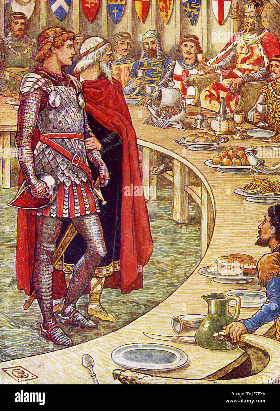 Sir Galahad is brought to the court of King Arthur. King Arthur's Knights by Henry Gilbert. Illustration by Walter Crane, circa 1911. WC: English artist of Arts and Crafts movement, 15 August 1845 - 14 March 1915. Stock Photo