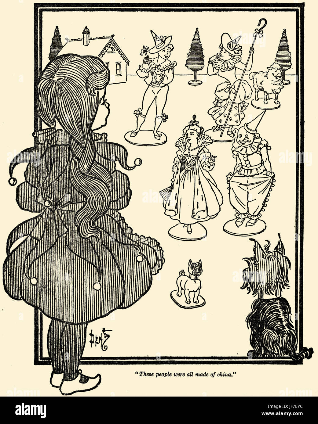 The Wizard of Oz by L. Frank Baum book . Illustration by W.W. Denslow. Caption: These people were all made of china. (Dorothy) Published by Bobbs Merill. American author, 15 May 1856 – 6 May 1919 Stock Photo