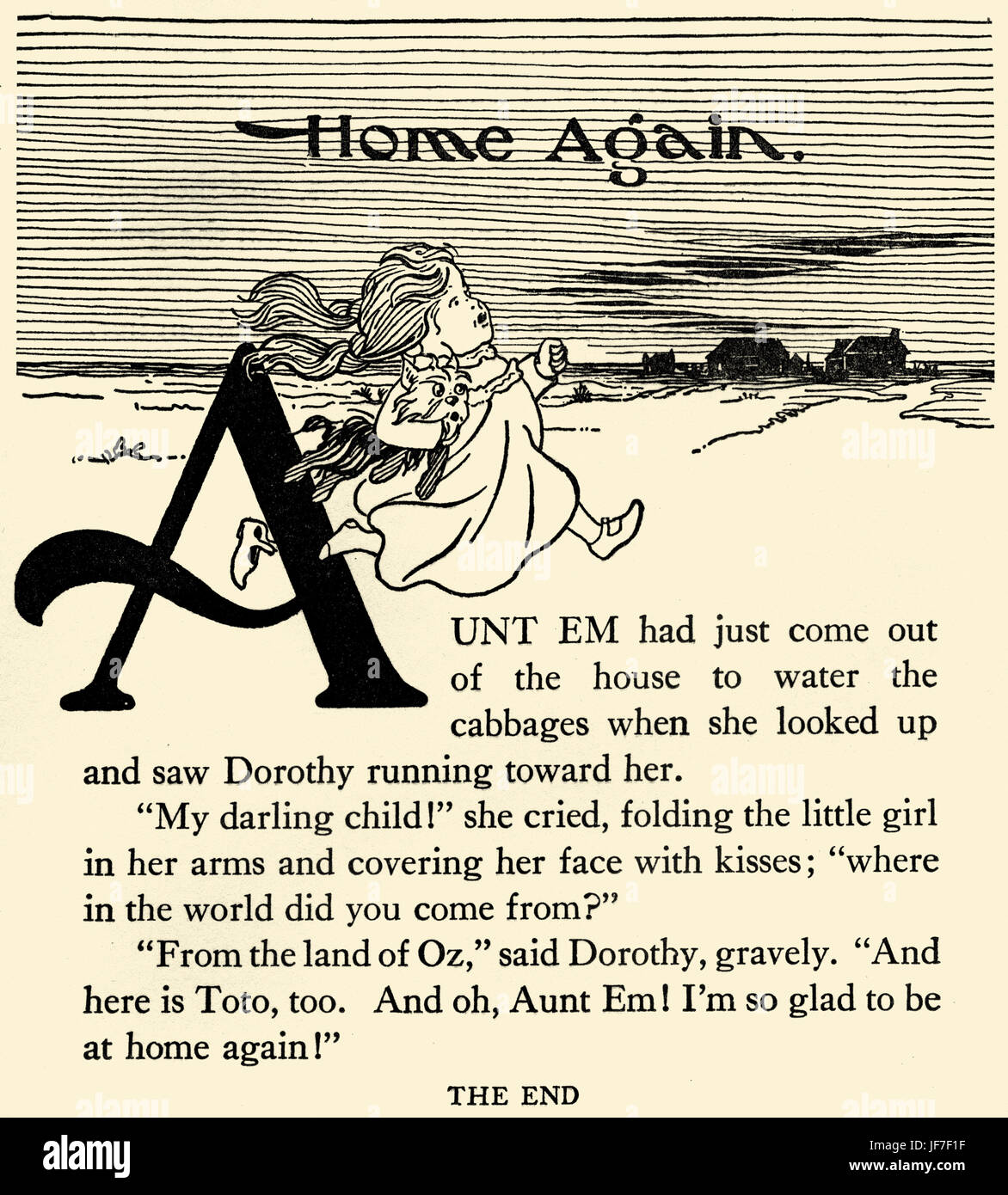 The Wizard of Oz by L. Frank Baum book . Illustration by W.W. Denslow. Caption: Home again. (Dorothy and Toto). Published by Bobbs Merill. American author, 15 May 1856 – 6 May 1919 Stock Photo