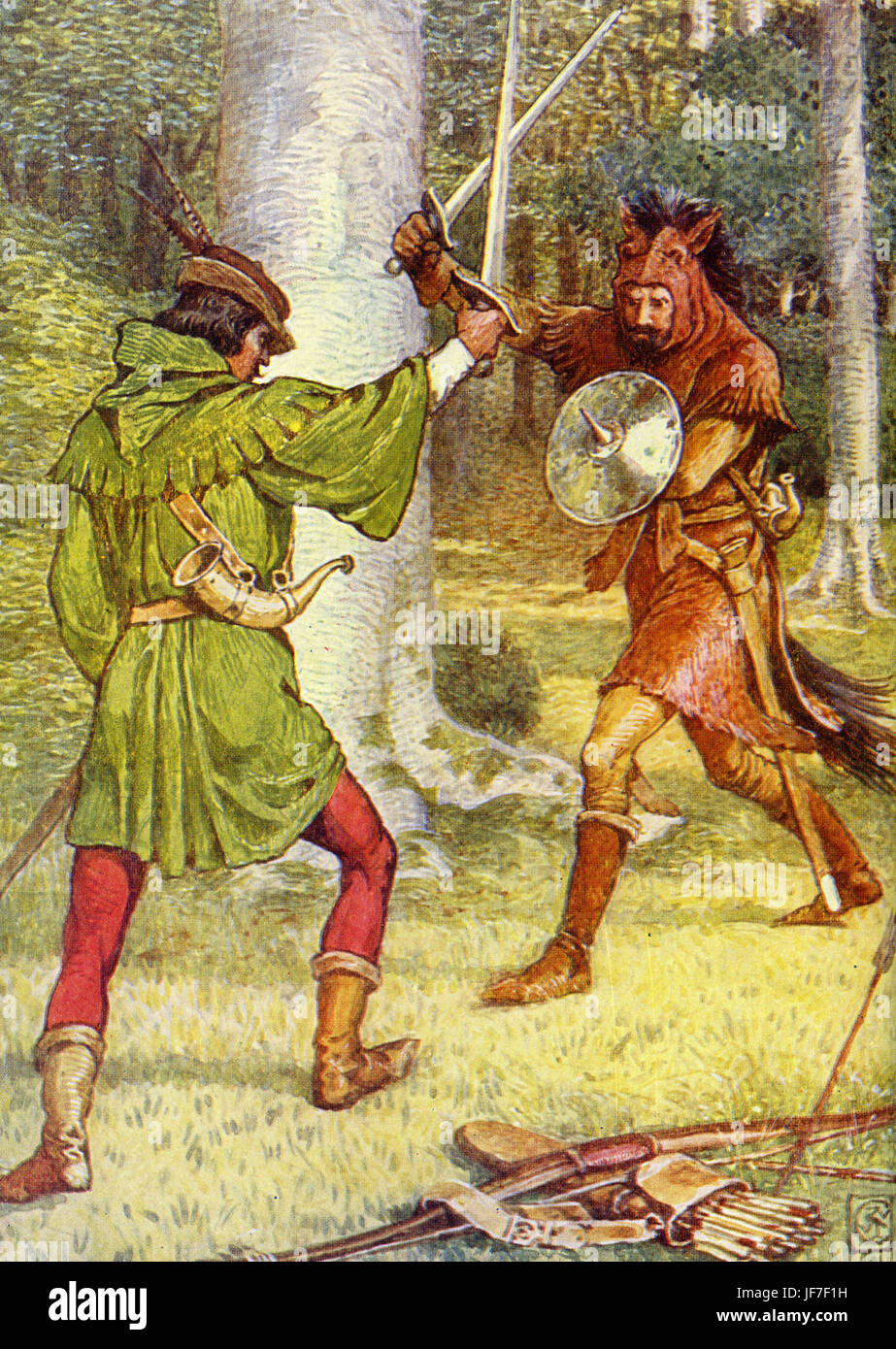 Robin Hood and the men of the Greenwood by Henry Gilbert. Caption reads: 'The clang of sword upon sword'. (Robin Hood in fight). Illustrated by Walter Crane. C.1912 Stock Photo