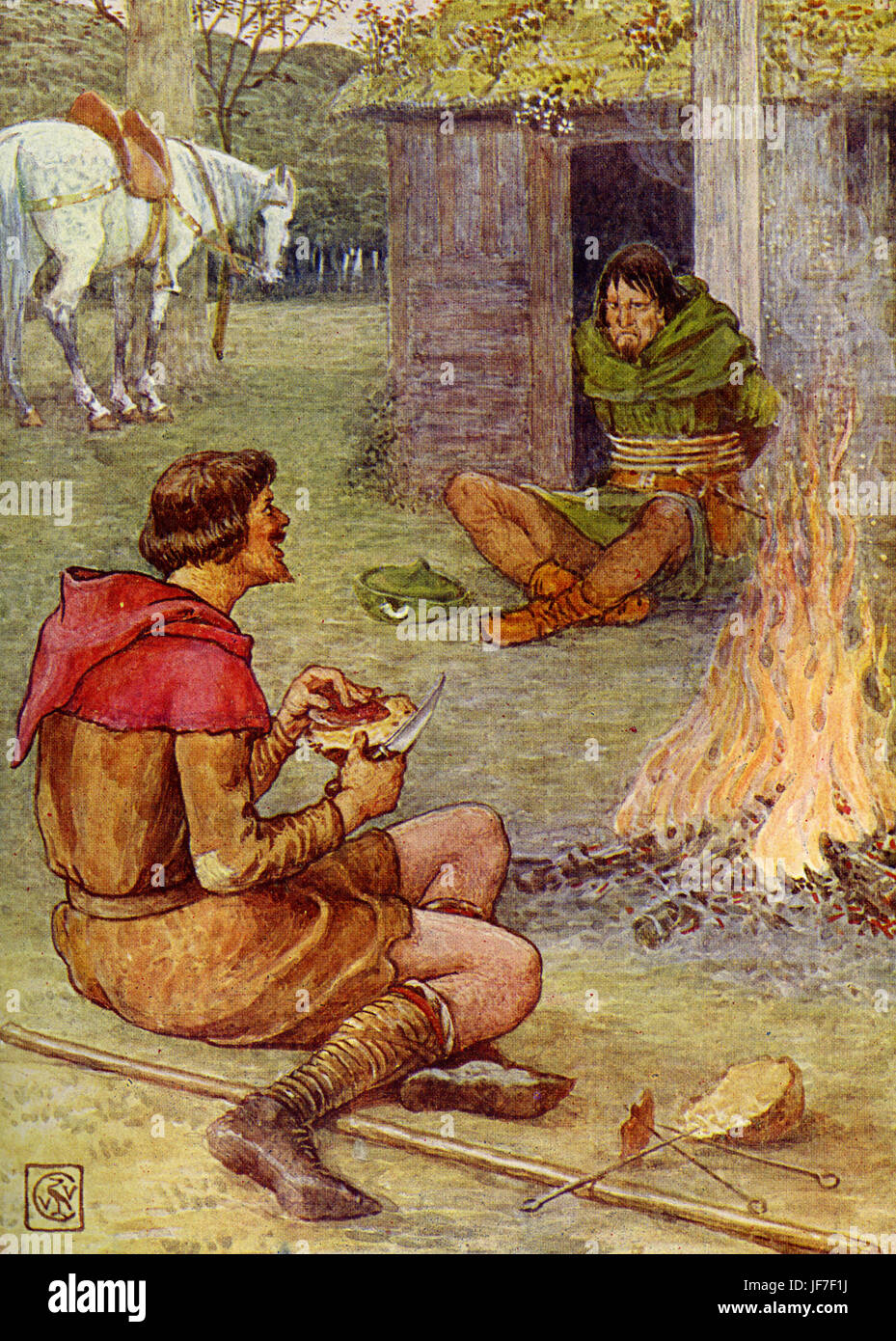Robin Hood and the men of the Greenwood by Henry Gilbert. Caption reds: 'Thou runagate rogue!'. (Robin Hood eating). Illustrated by Walter Crane. C.1912 Stock Photo
