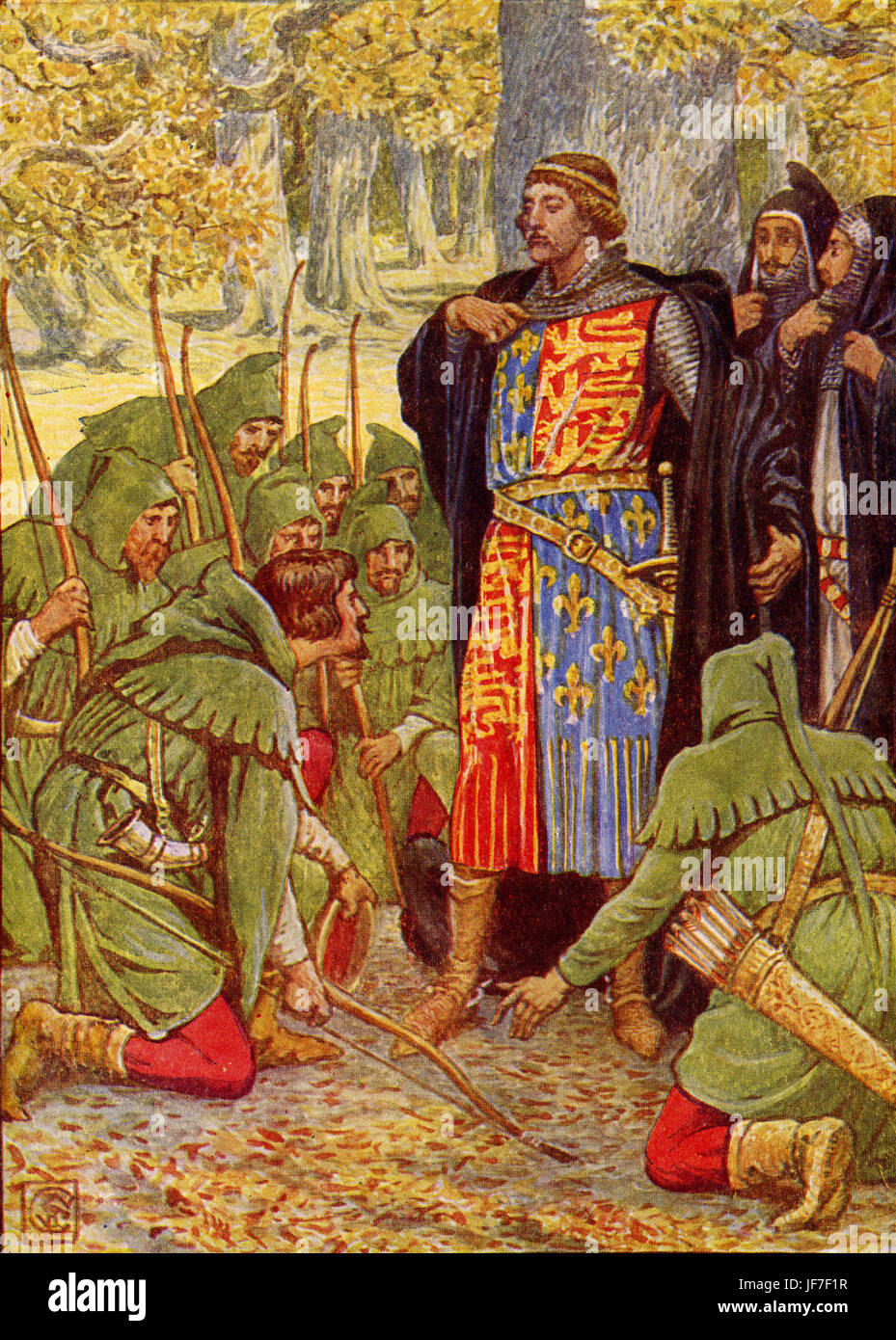 Robin Hood and the men of the Greenwood by Henry Gilbert. Caption reads: 'Robin hood and his men kneel to the King'. Illustrated by Walter Crane. C.1912 Stock Photo