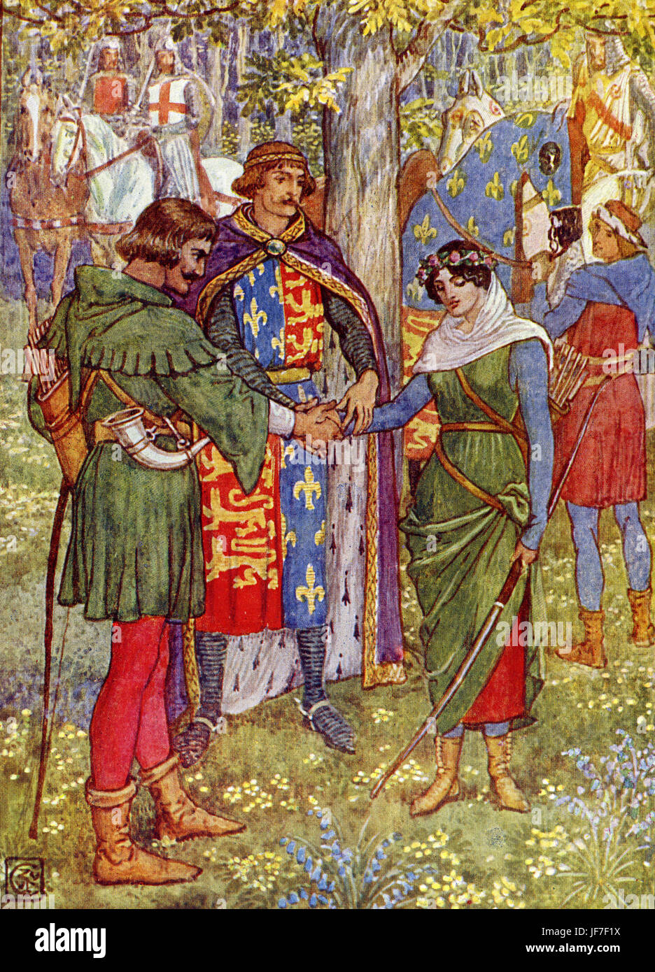 Robin Hood and the men of the Greenwood by Henry Gilbert. Caption reads: 'The King joins the hands of Robin Hood and Maid Marian'. Illustrated by Walter Crane. C.1912 Stock Photo