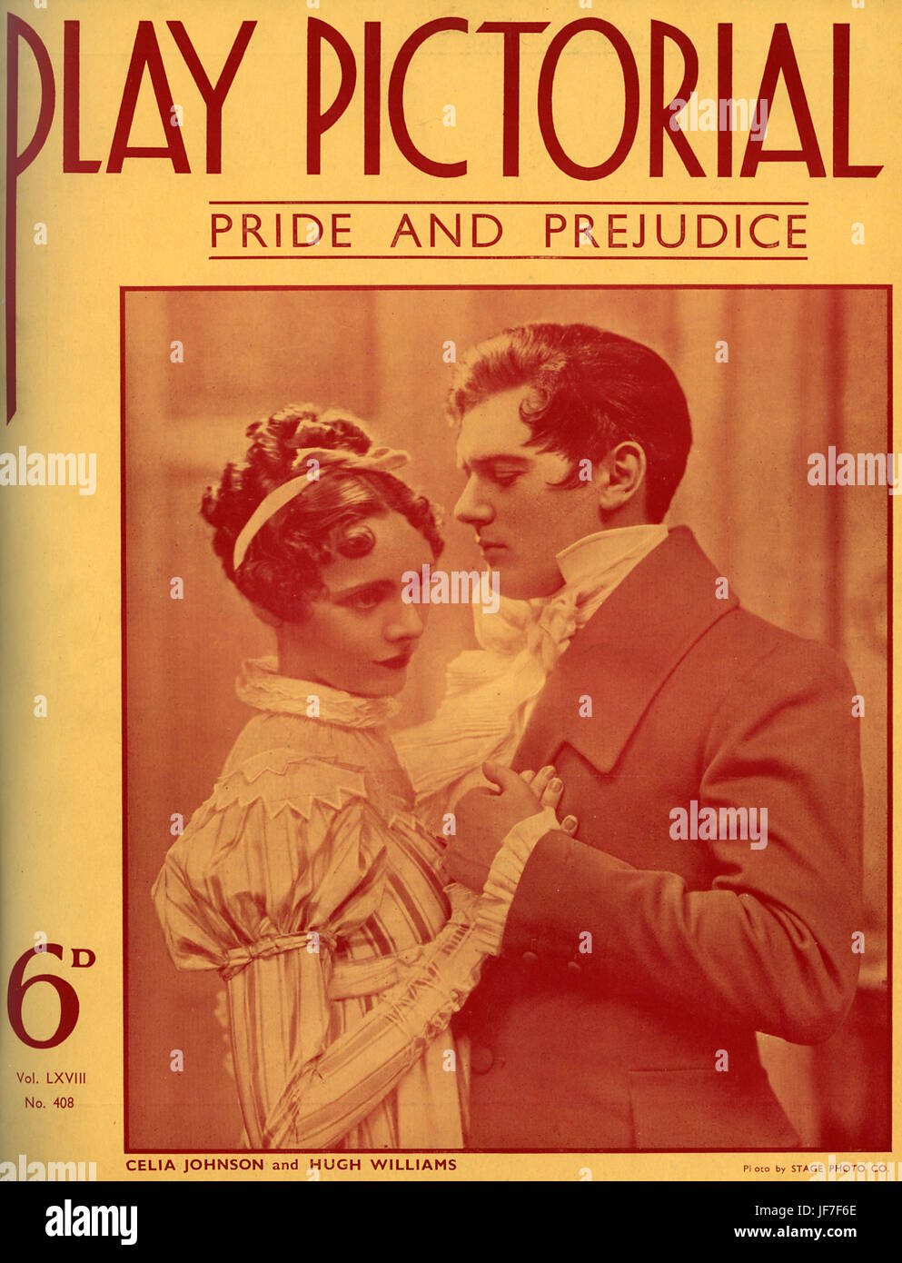 'Pride and Prejudice': Celia Johnson and Hugh Williams star in Gilbert Miller 's production of Jane Austen 's 'Pride and Prejudice' by Jane Austen, the St. James Theatre, London, 1936. Celia Johnson as Elizabeth Bennet, Hugh Williams as Mr Darcy, cover of 'Play Pictorial'. CJ, English actress, 18 December 1908 – 25 April 1982. Hugh Williams, English actor and dramatist, 6 March 1904 -  7 December 1969. Stock Photo
